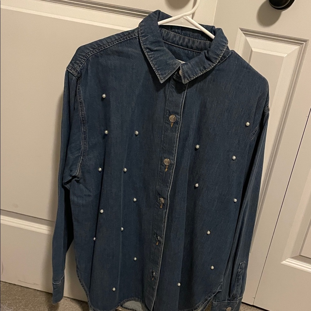 Blue Denim Shirt jacket  with Pearl Accents